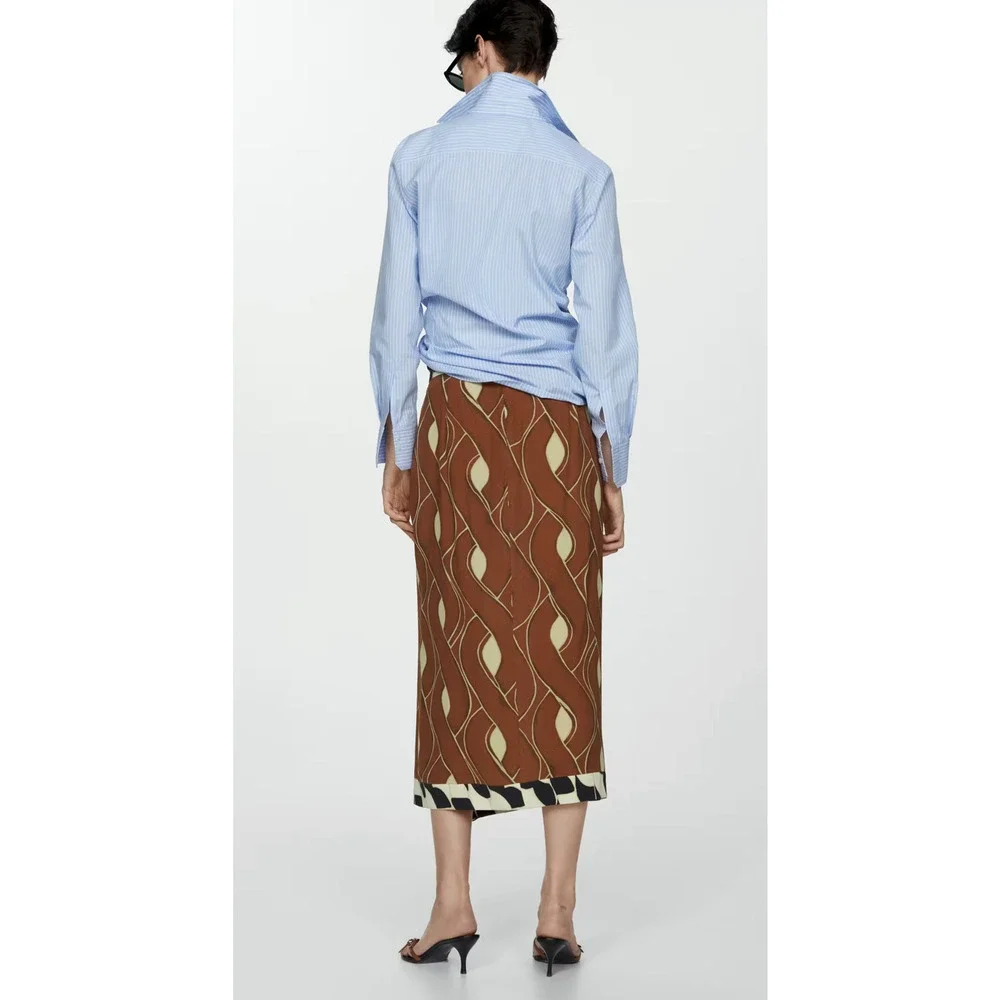 NWT MANGO MNG BROWN RUFFLE PRINT MIDI SKIRT SZ M